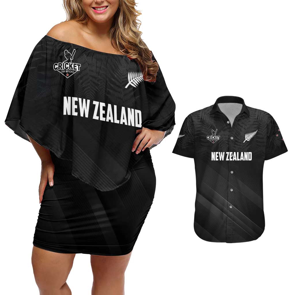 Custom New Zealand Cricket Couples Matching Off Shoulder Short Dress and Hawaiian Shirt Aotearoa Black Cap Come On