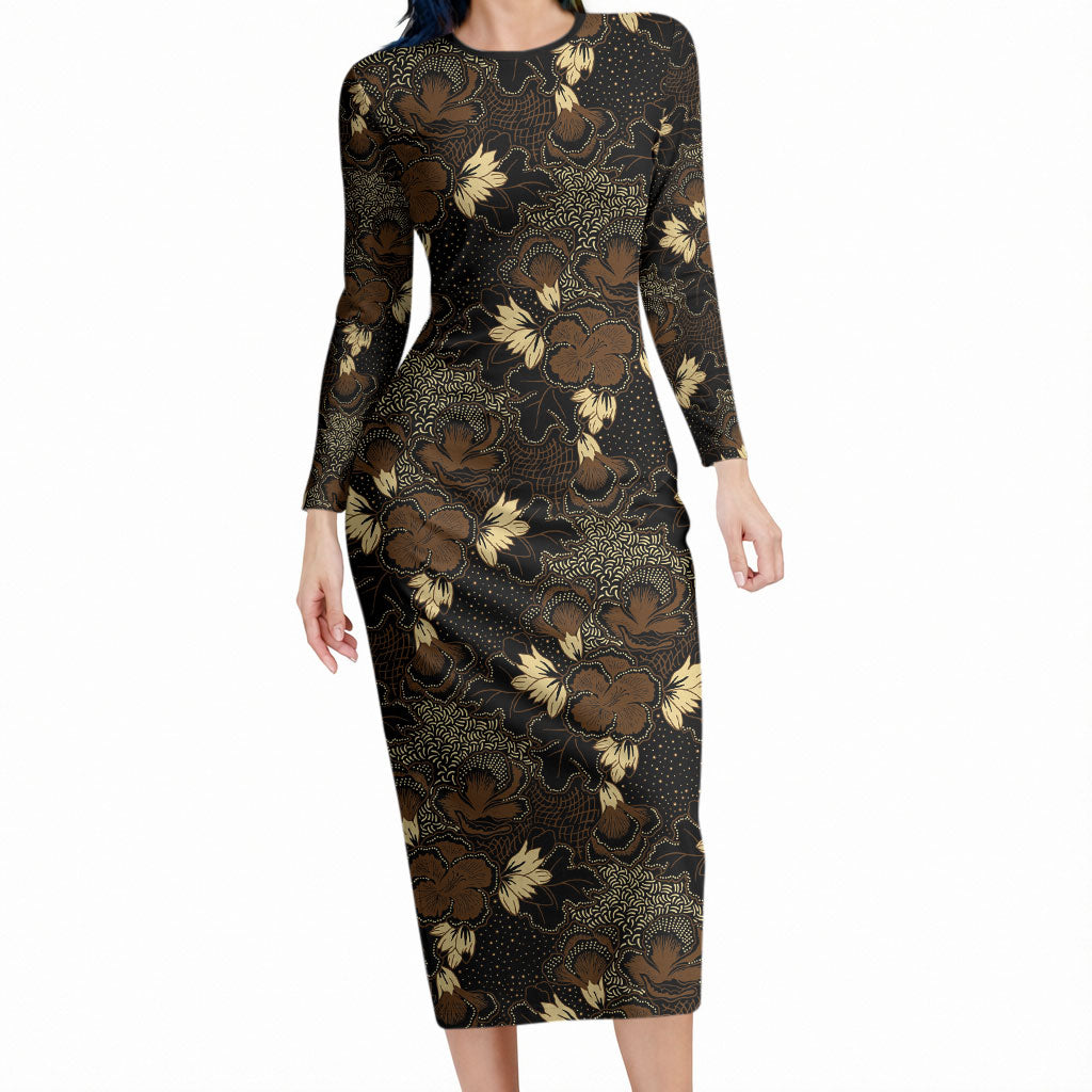 Javanese Batik Semen Long Sleeve Bodycon Dress Indonesian Traditional Pattern LT01 Long Dress Black - Polynesian Pride