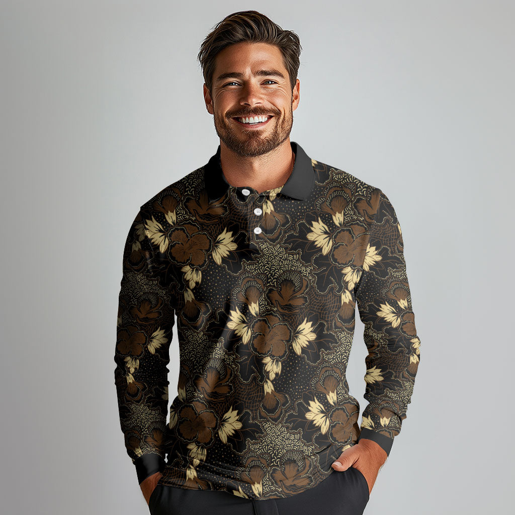 Javanese Batik Semen Long Sleeve Polo Shirt Indonesian Traditional Pattern LT01 - Polynesian Pride