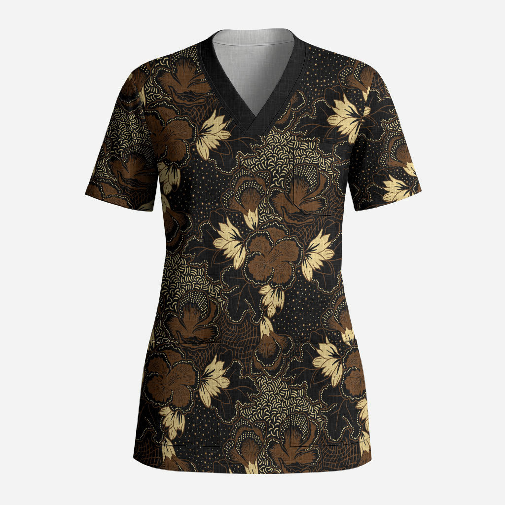 Javanese Batik Semen Scrub Top Indonesian Traditional Pattern LT01 Adult Black - Polynesian Pride