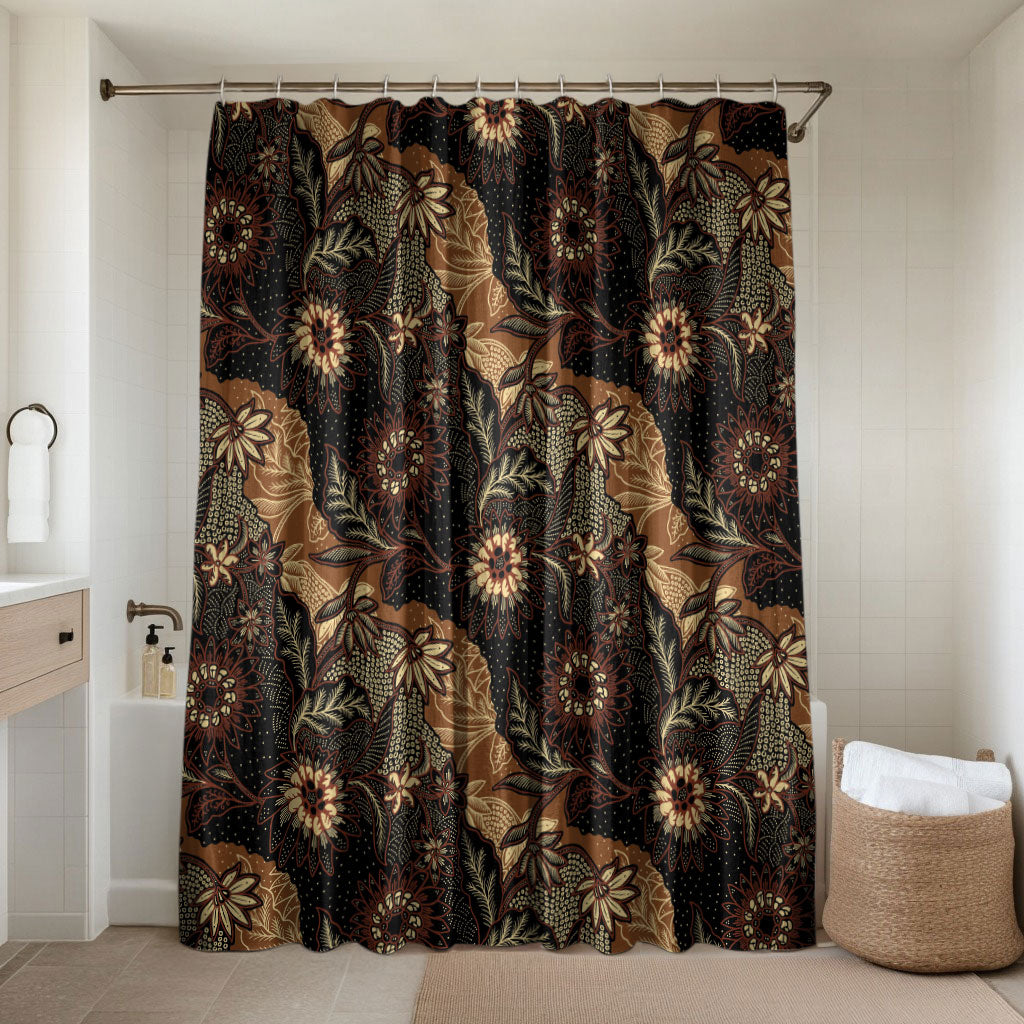 Batik Pedalaman Semen Lereng Style Bathroom Set Indonesian Traditional Pattern LT01 Shower Curtain Only Black - Polynesian Pride