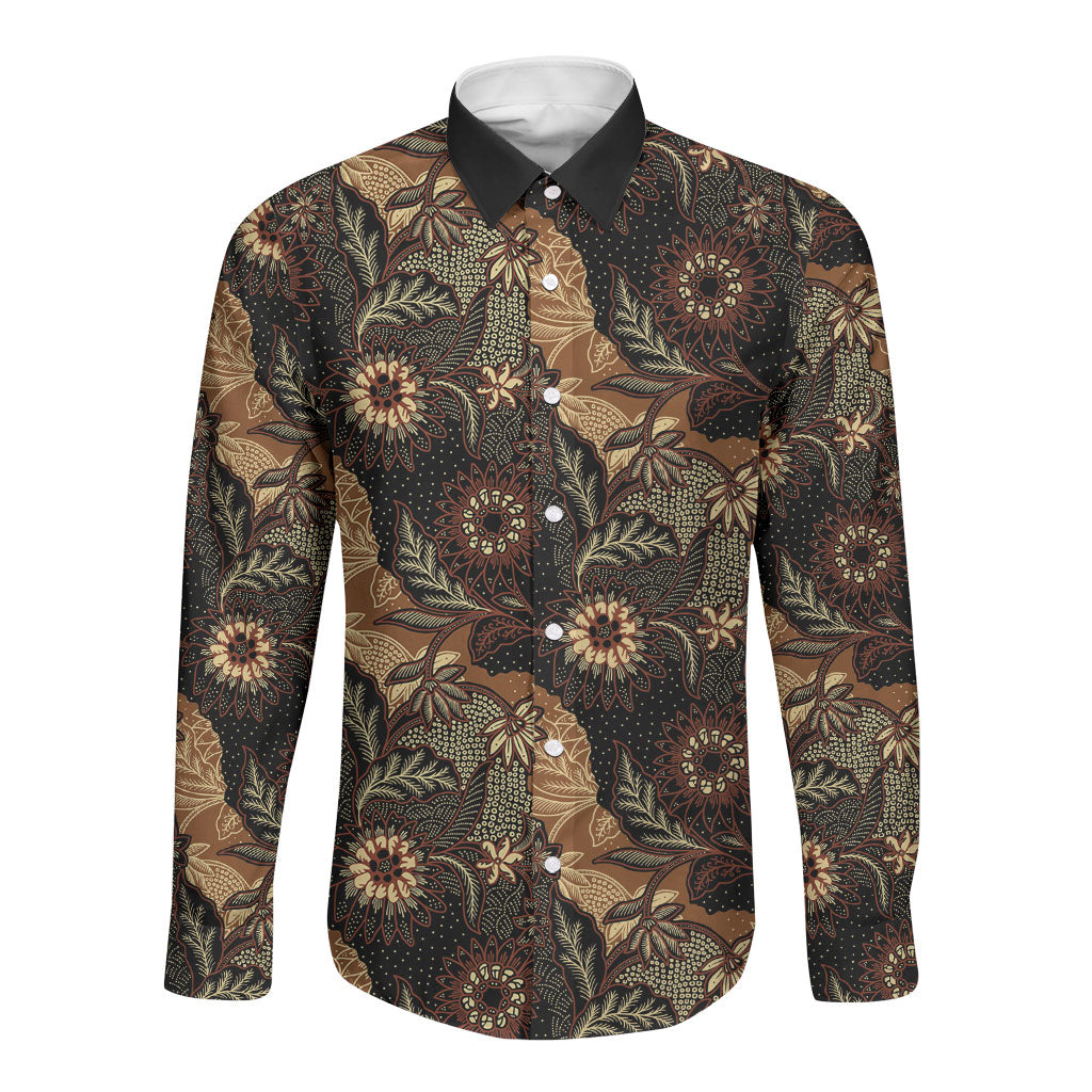Batik Pedalaman Semen Lereng Style Long Sleeve Button Shirt Indonesian Traditional Pattern LT01 Unisex Black - Polynesian Pride