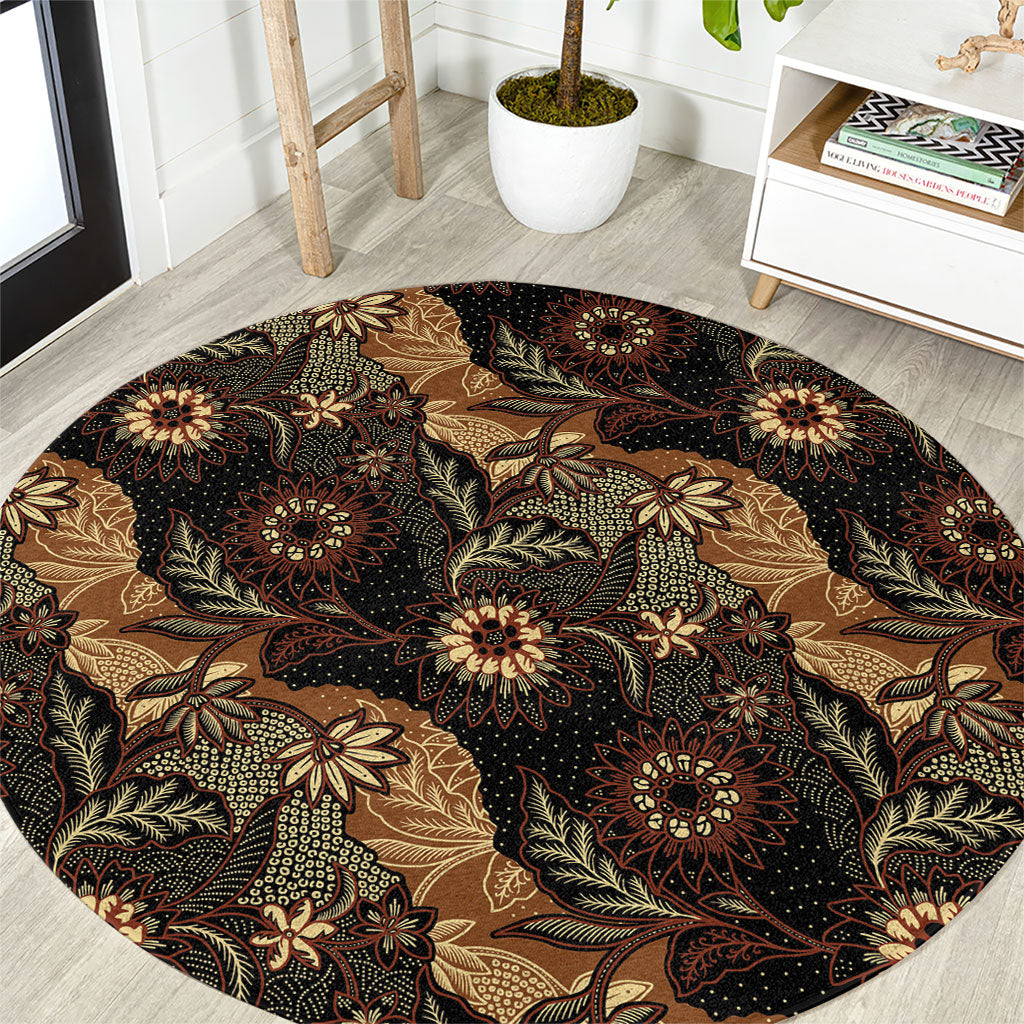 Batik Pedalaman Semen Lereng Style Round Carpet Indonesian Traditional Pattern LT01 Black - Polynesian Pride