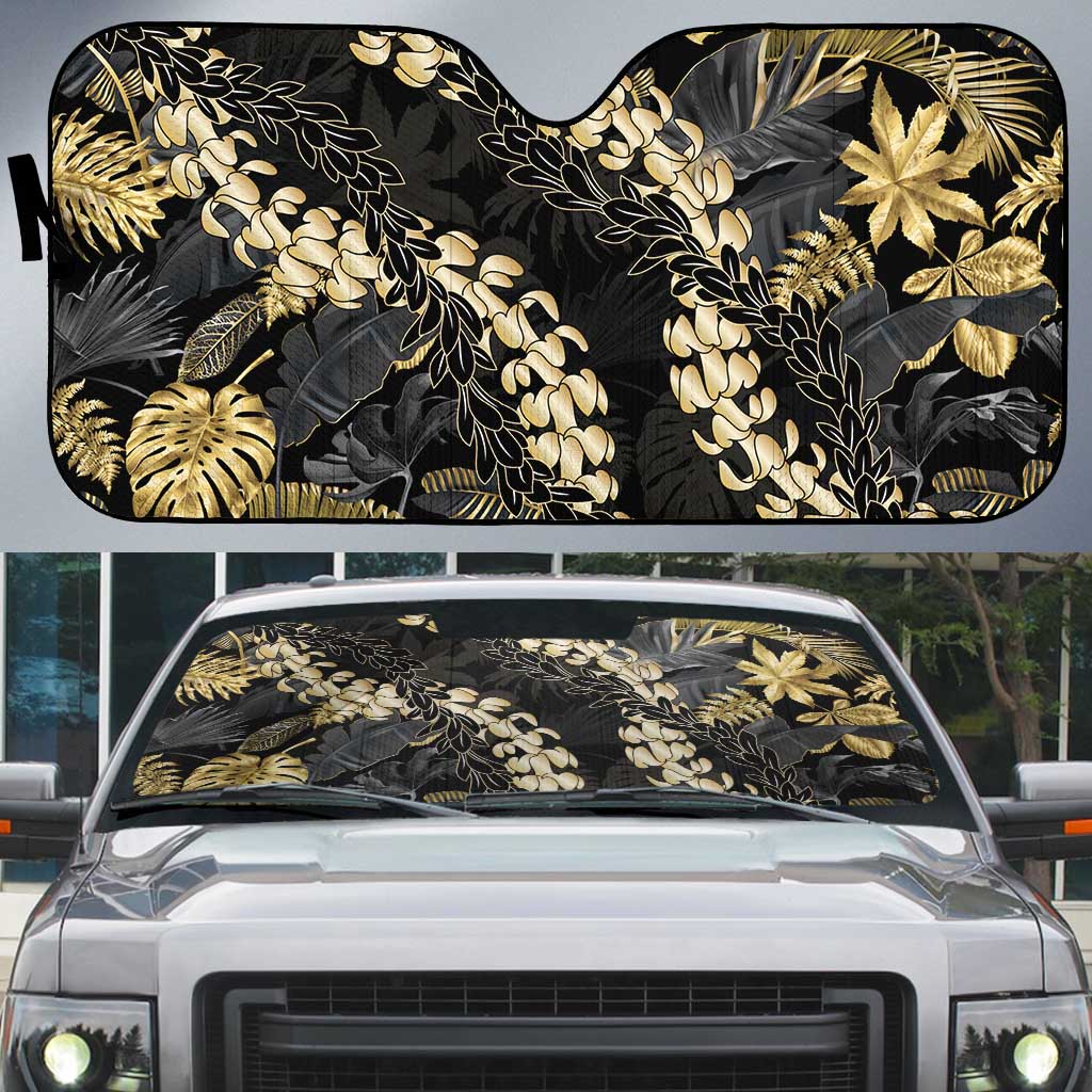Gold Tropical Leaves Hawaii Mikioi Lei Auto Sun Shade Luxury Stylized LT01 Gold - Polynesian Pride