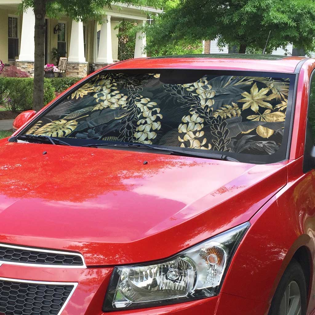 Gold Tropical Leaves Hawaii Mikioi Lei Auto Sun Shade Luxury Stylized LT01 - Polynesian Pride