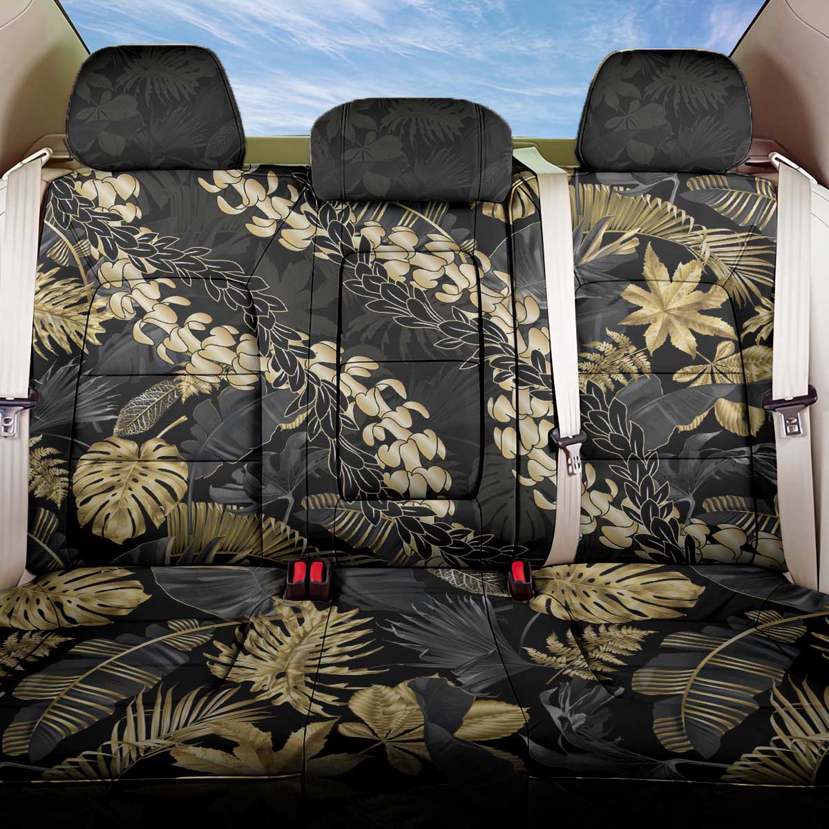 Gold Tropical Leaves Hawaii Mikioi Lei Back Car Seat Cover Luxury Stylized LT01 One Size Gold - Polynesian Pride