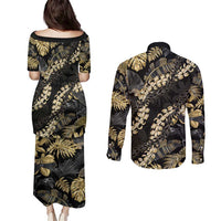 Gold Tropical Leaves Hawaii Mikioi Lei Couples Matching Puletasi and Long Sleeve Button Shirt Luxury Stylized LT01 - Polynesian Pride