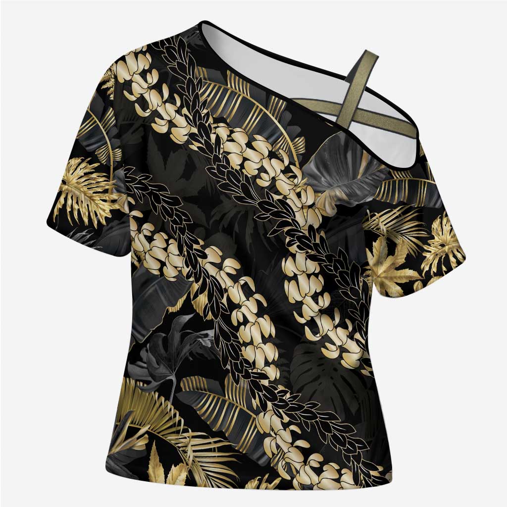 Gold Tropical Leaves Hawaii Mikioi Lei Cross Shoulder Shirt Luxury Stylized LT01 Female Gold - Polynesian Pride
