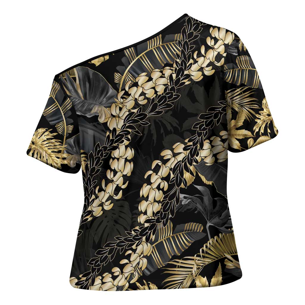 Gold Tropical Leaves Hawaii Mikioi Lei Cross Shoulder Shirt Luxury Stylized LT01 - Polynesian Pride