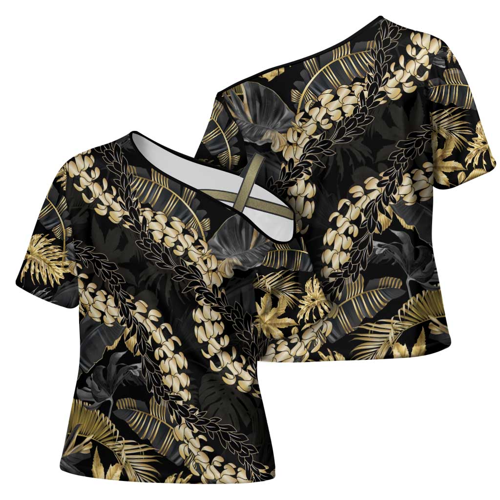 Gold Tropical Leaves Hawaii Mikioi Lei Cross Shoulder Shirt Luxury Stylized LT01 - Polynesian Pride