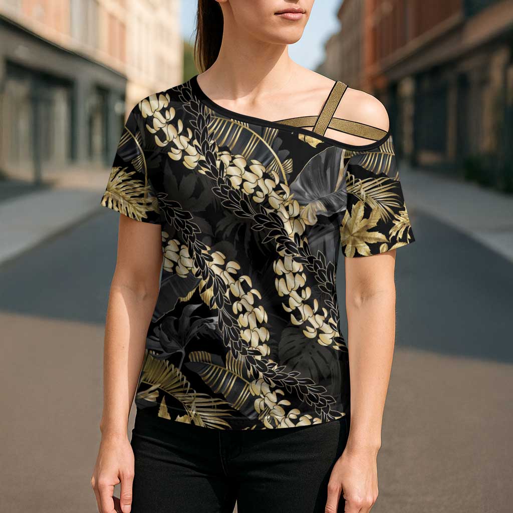 Gold Tropical Leaves Hawaii Mikioi Lei Cross Shoulder Shirt Luxury Stylized LT01 - Polynesian Pride