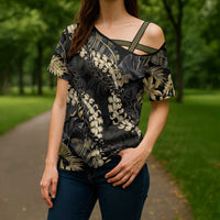Gold Tropical Leaves Hawaii Mikioi Lei Cross Shoulder Shirt Luxury Stylized LT01 - Polynesian Pride