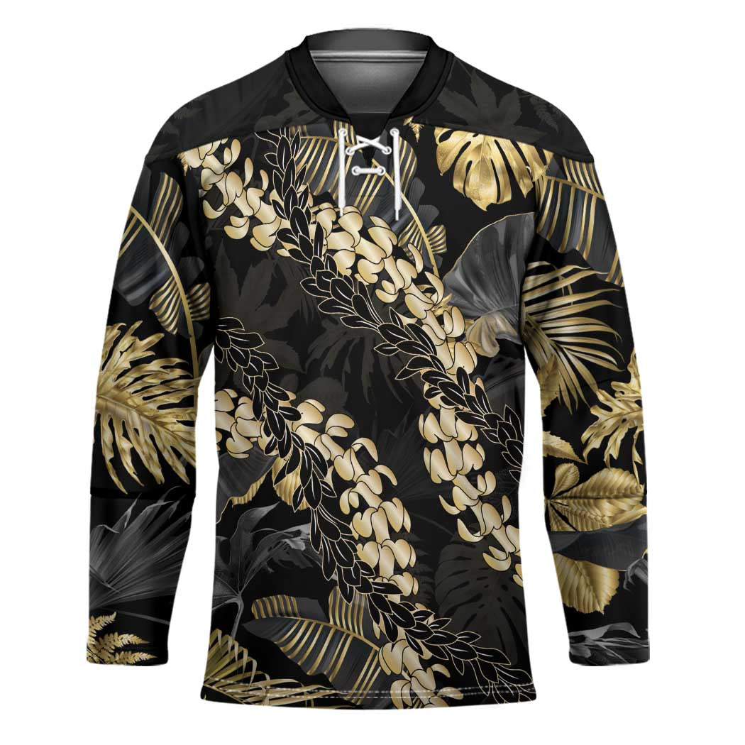 Gold Tropical Leaves Hawaii Mikioi Lei Hockey Jersey Luxury Stylized LT01 Unisex Gold - Polynesian Pride