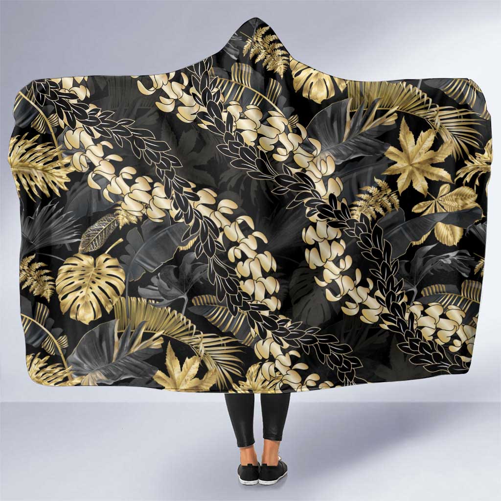 Gold Tropical Leaves Hawaii Mikioi Lei Hooded Blanket Luxury Stylized LT01 One Size Gold - Polynesian Pride