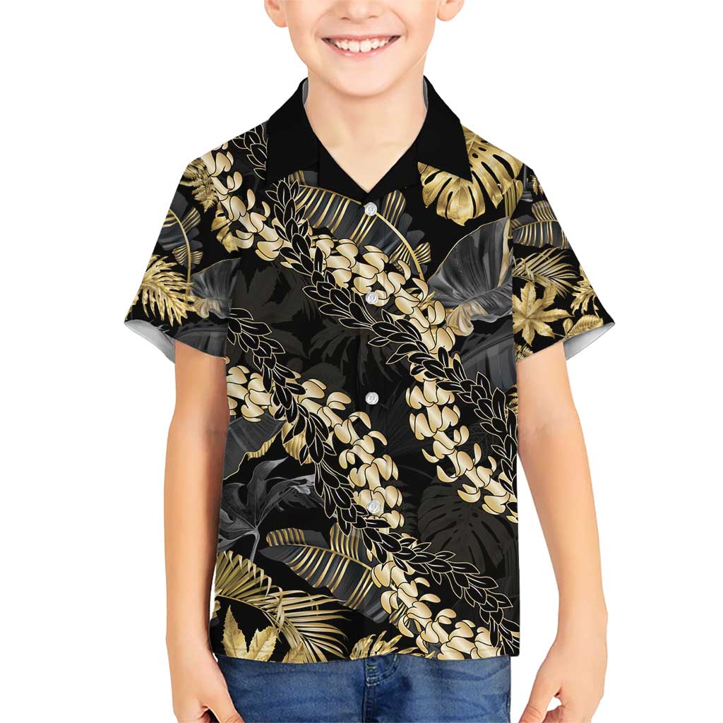 Gold Tropical Leaves Hawaii Mikioi Lei Kid Hawaiian Shirt Luxury Stylized LT01 Kid Gold - Polynesian Pride