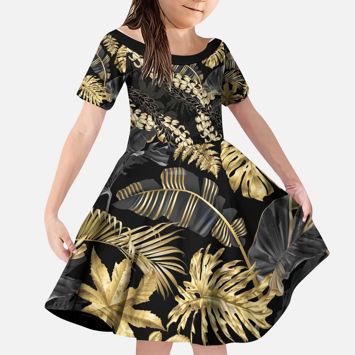 Gold Tropical Leaves Hawaii Mikioi Lei Kid Short Sleeve Dress Luxury Stylized LT01 KID Gold - Polynesian Pride