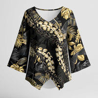 Gold Tropical Leaves Hawaii Mikioi Lei Kimono Sleeve Blouse Luxury Stylized LT01 Female Gold - Polynesian Pride