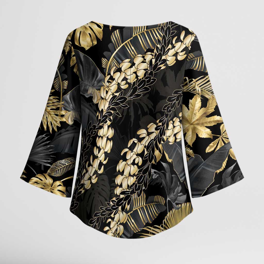 Gold Tropical Leaves Hawaii Mikioi Lei Kimono Sleeve Blouse Luxury Stylized LT01 - Polynesian Pride