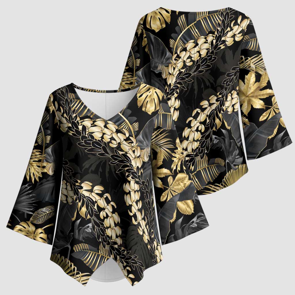 Gold Tropical Leaves Hawaii Mikioi Lei Kimono Sleeve Blouse Luxury Stylized LT01 - Polynesian Pride