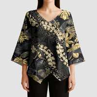 Gold Tropical Leaves Hawaii Mikioi Lei Kimono Sleeve Blouse Luxury Stylized LT01 - Polynesian Pride