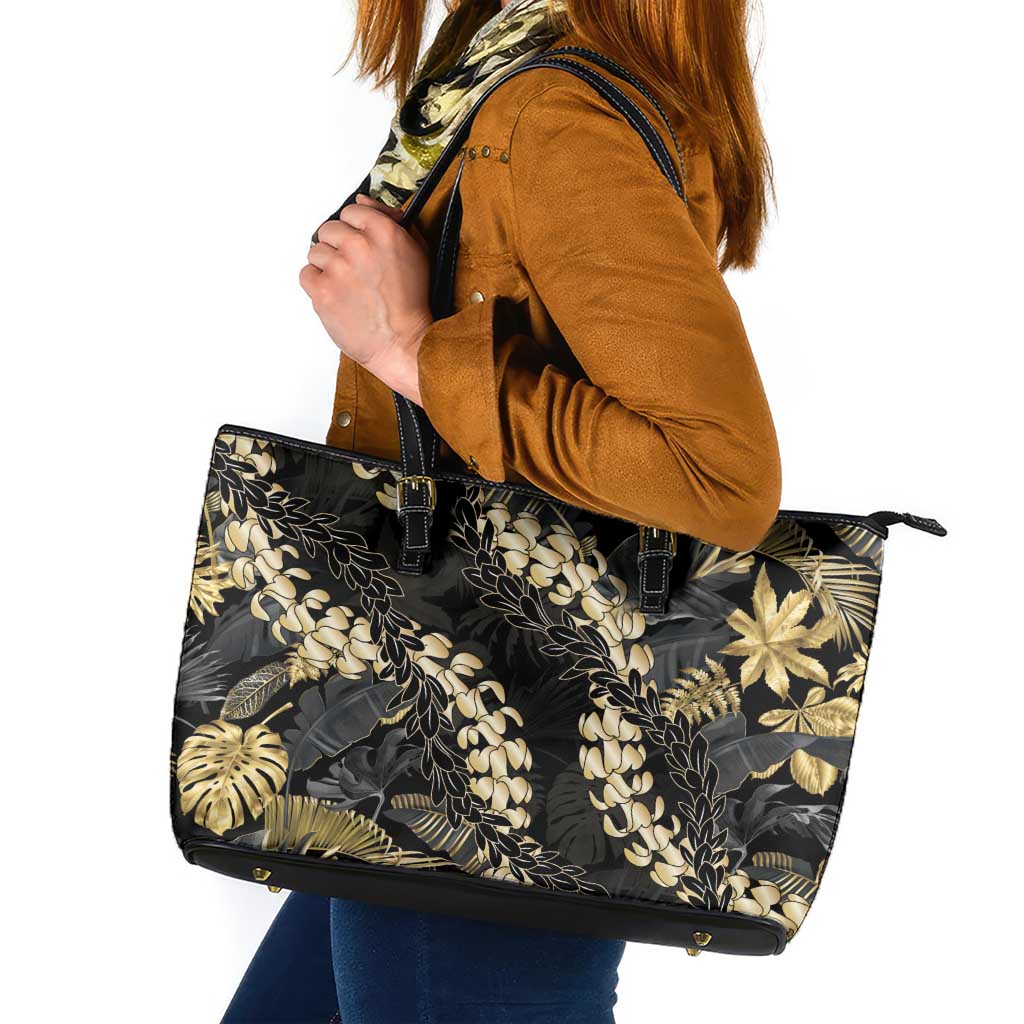 Gold Tropical Leaves Hawaii Mikioi Lei Leather Tote Bag Luxury Stylized LT01 Gold - Polynesian Pride