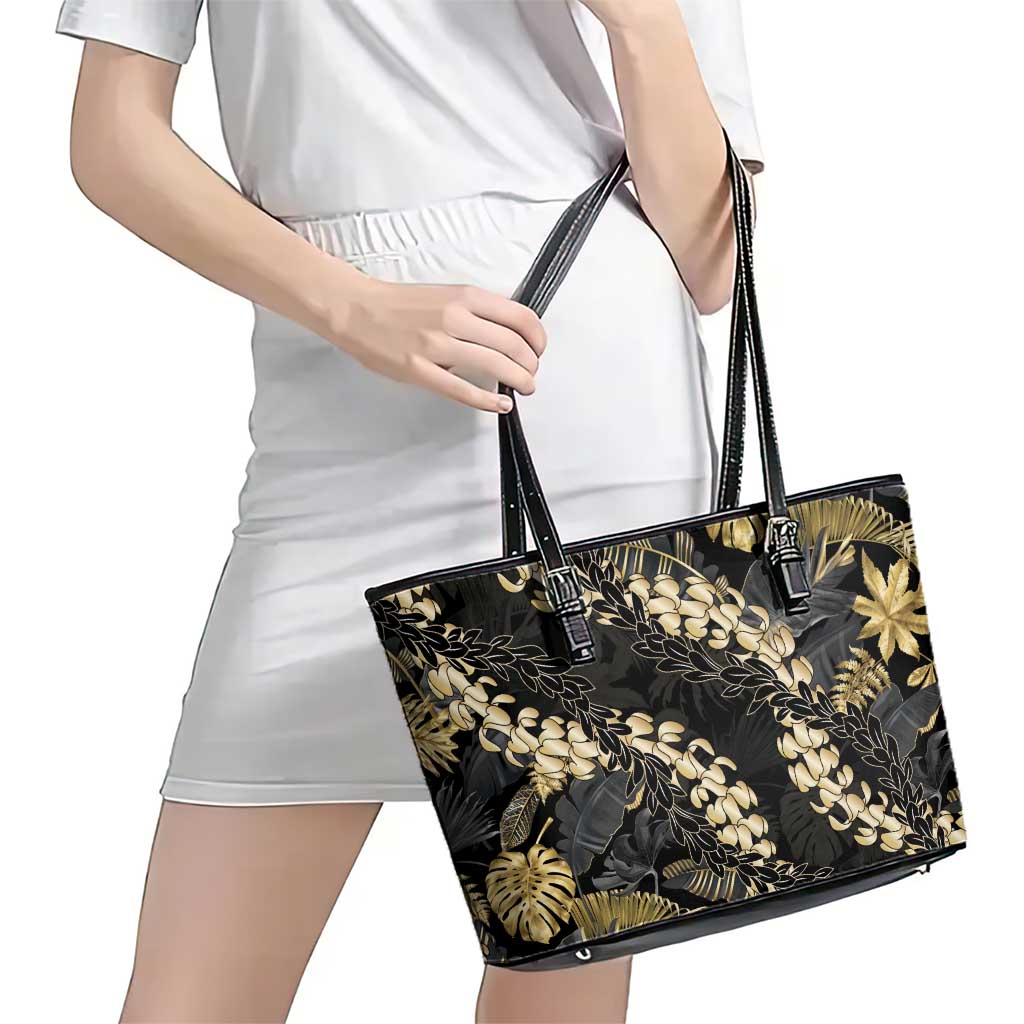 Gold Tropical Leaves Hawaii Mikioi Lei Leather Tote Bag Luxury Stylized LT01 - Polynesian Pride