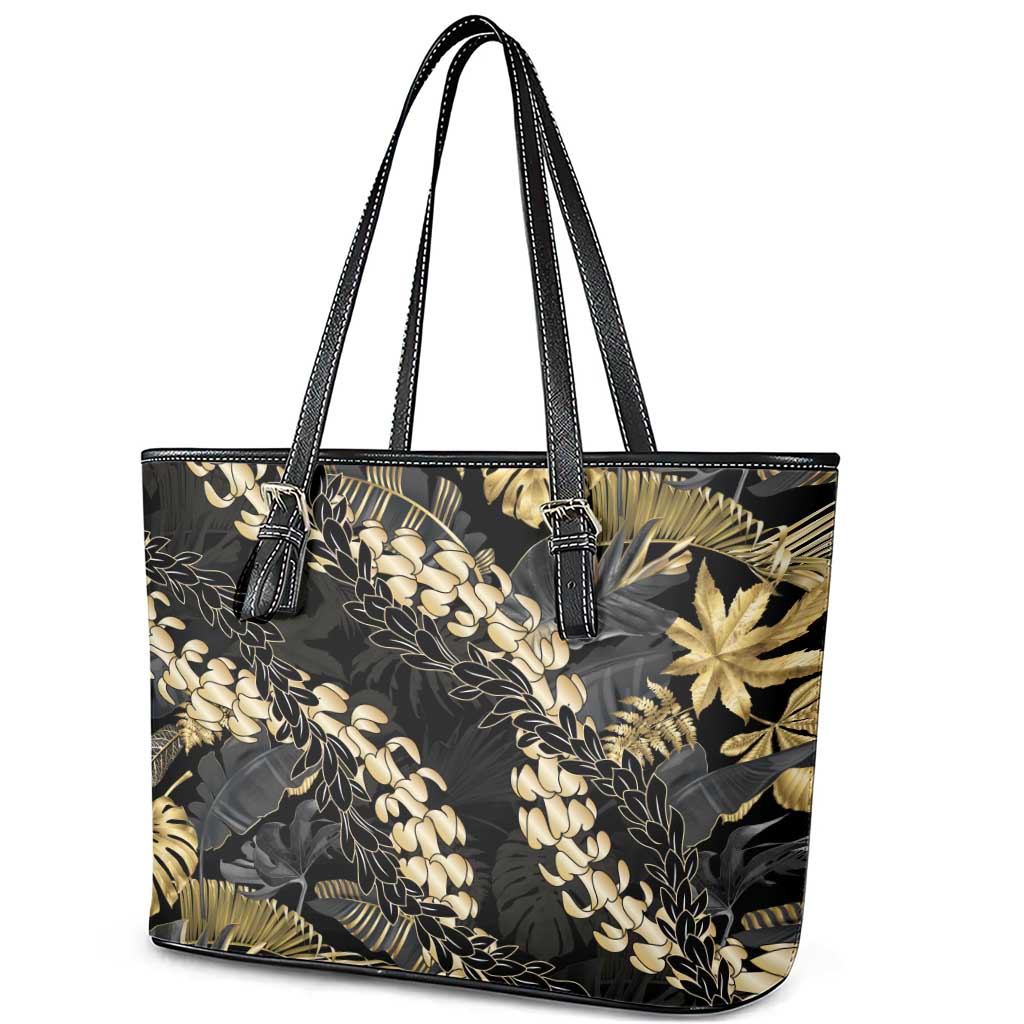 Gold Tropical Leaves Hawaii Mikioi Lei Leather Tote Bag Luxury Stylized LT01 - Polynesian Pride