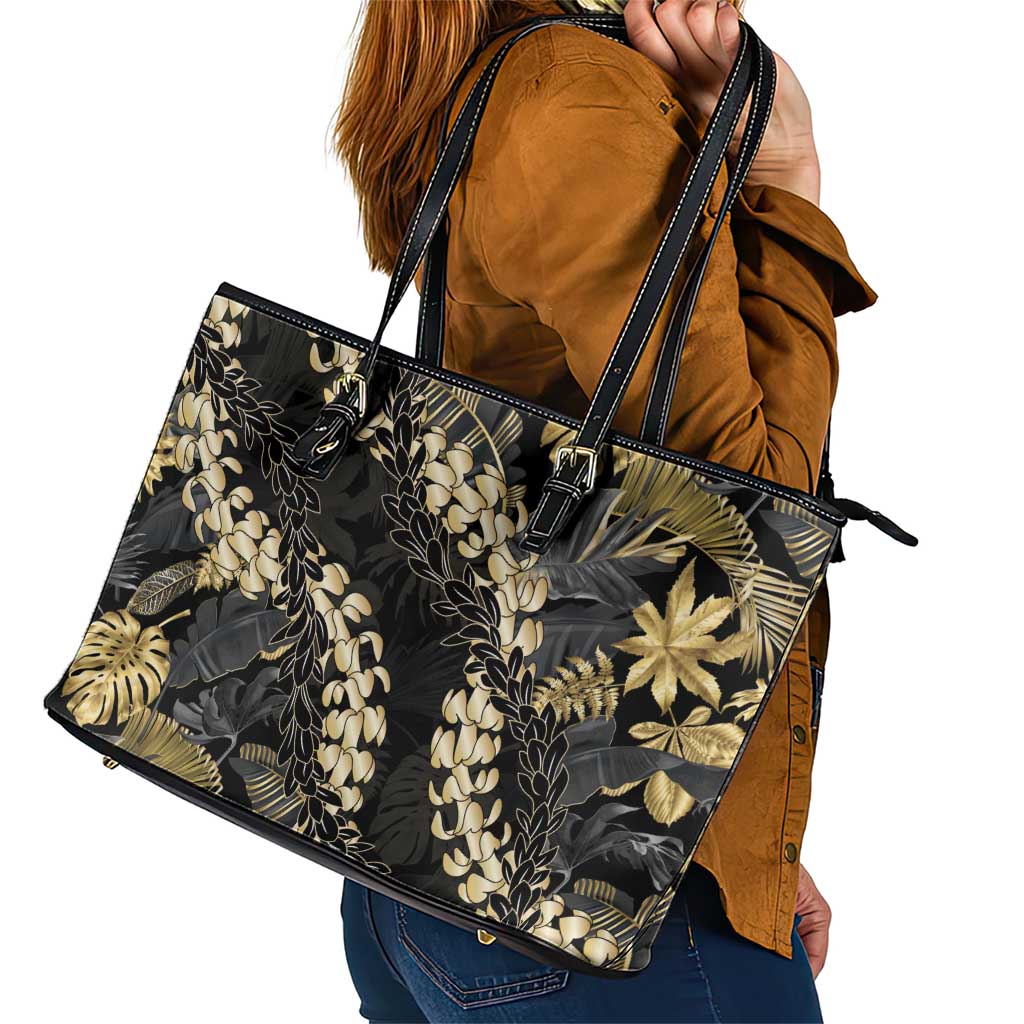 Gold Tropical Leaves Hawaii Mikioi Lei Leather Tote Bag Luxury Stylized LT01 - Polynesian Pride