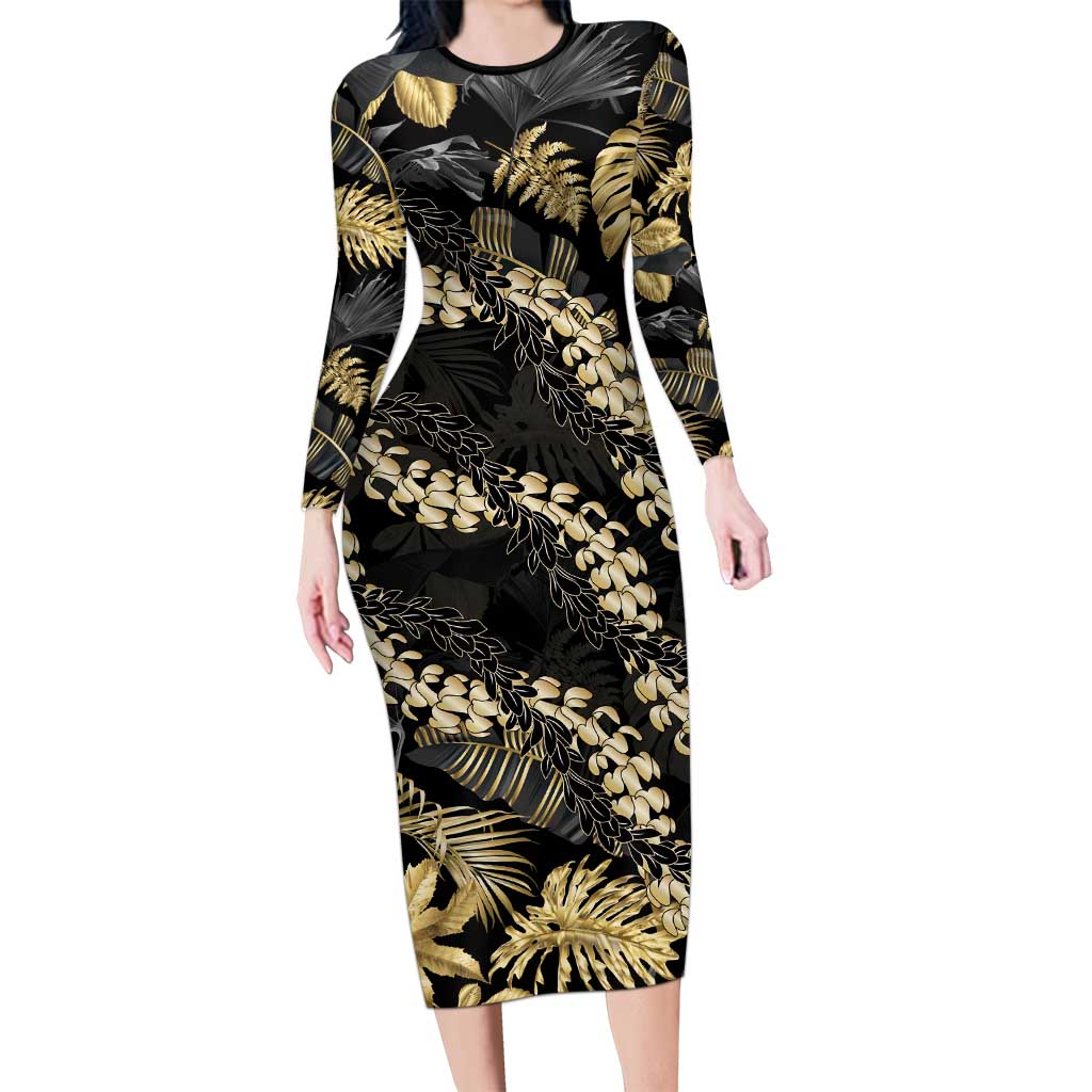 Gold Tropical Leaves Hawaii Mikioi Lei Long Sleeve Bodycon Dress Luxury Stylized LT01 Long Dress Gold - Polynesian Pride