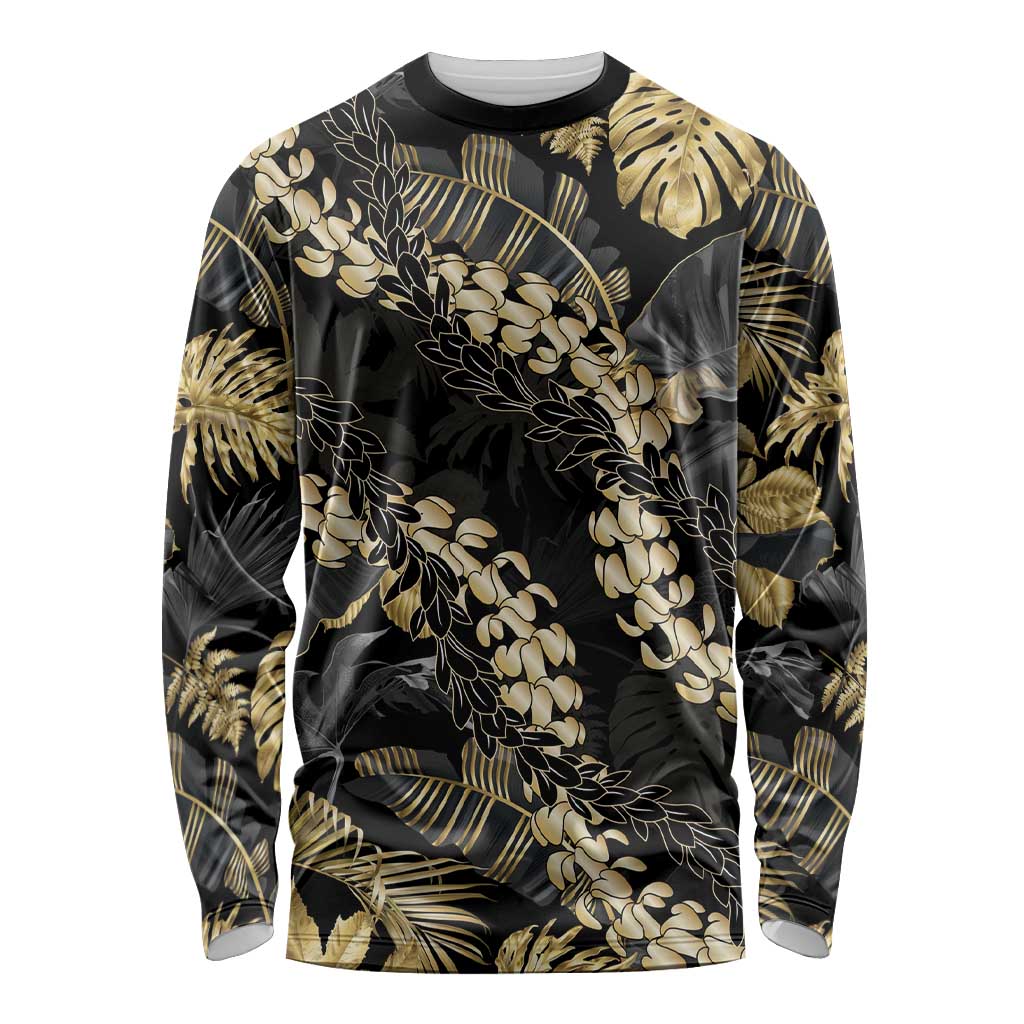 Gold Tropical Leaves Hawaii Mikioi Lei Long Sleeve Shirt Luxury Stylized LT01 Unisex Gold - Polynesian Pride