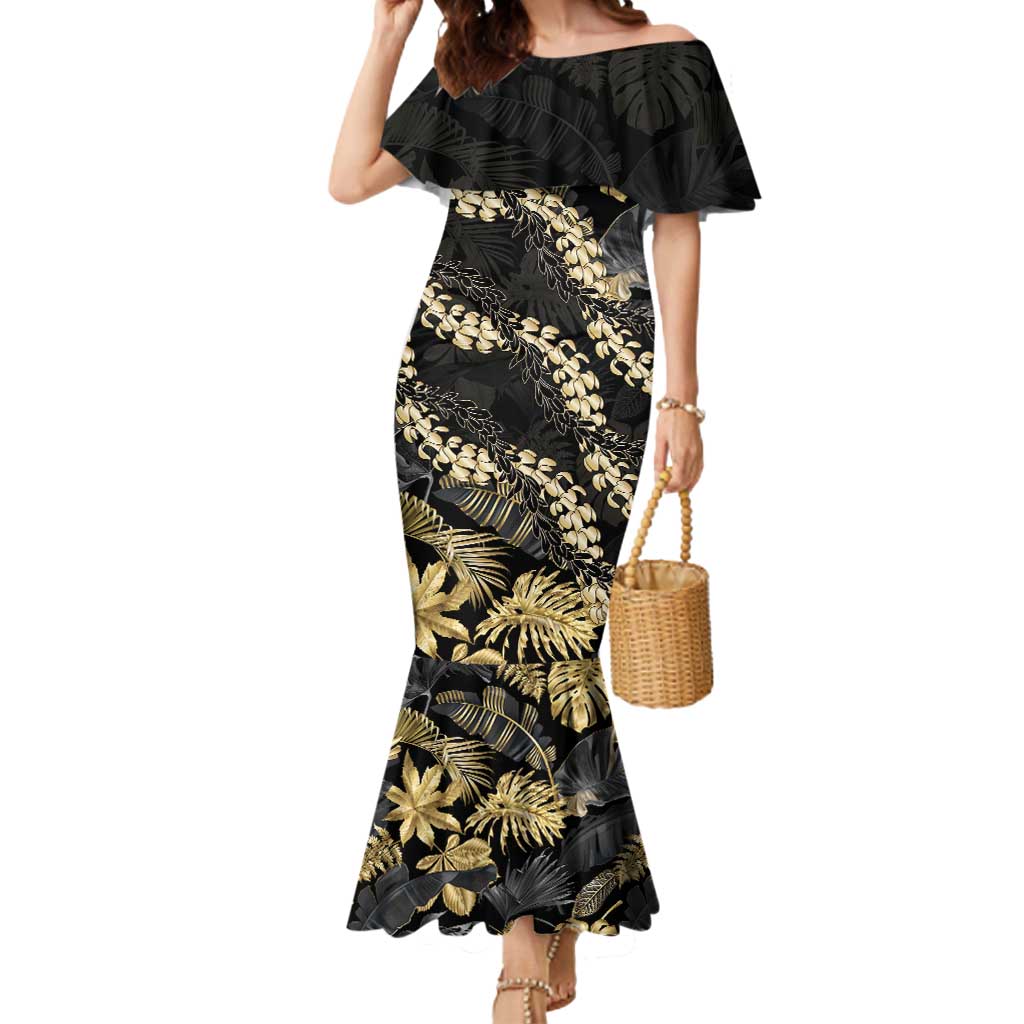 Gold Tropical Leaves Hawaii Mikioi Lei Mermaid Dress Luxury Stylized LT01 Women Gold - Polynesian Pride