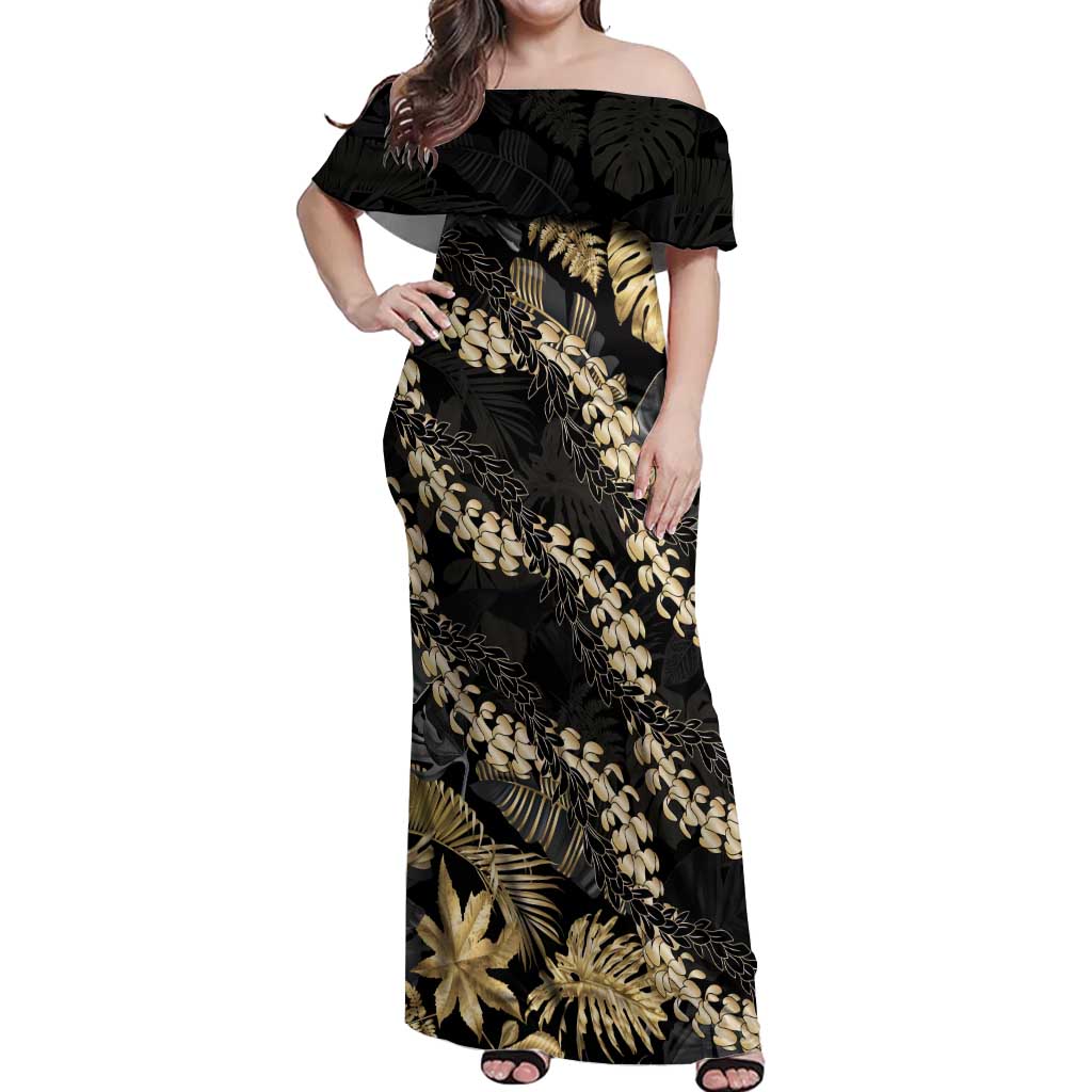 Gold Tropical Leaves Hawaii Mikioi Lei Off Shoulder Maxi Dress Luxury Stylized LT01 Women Gold - Polynesian Pride