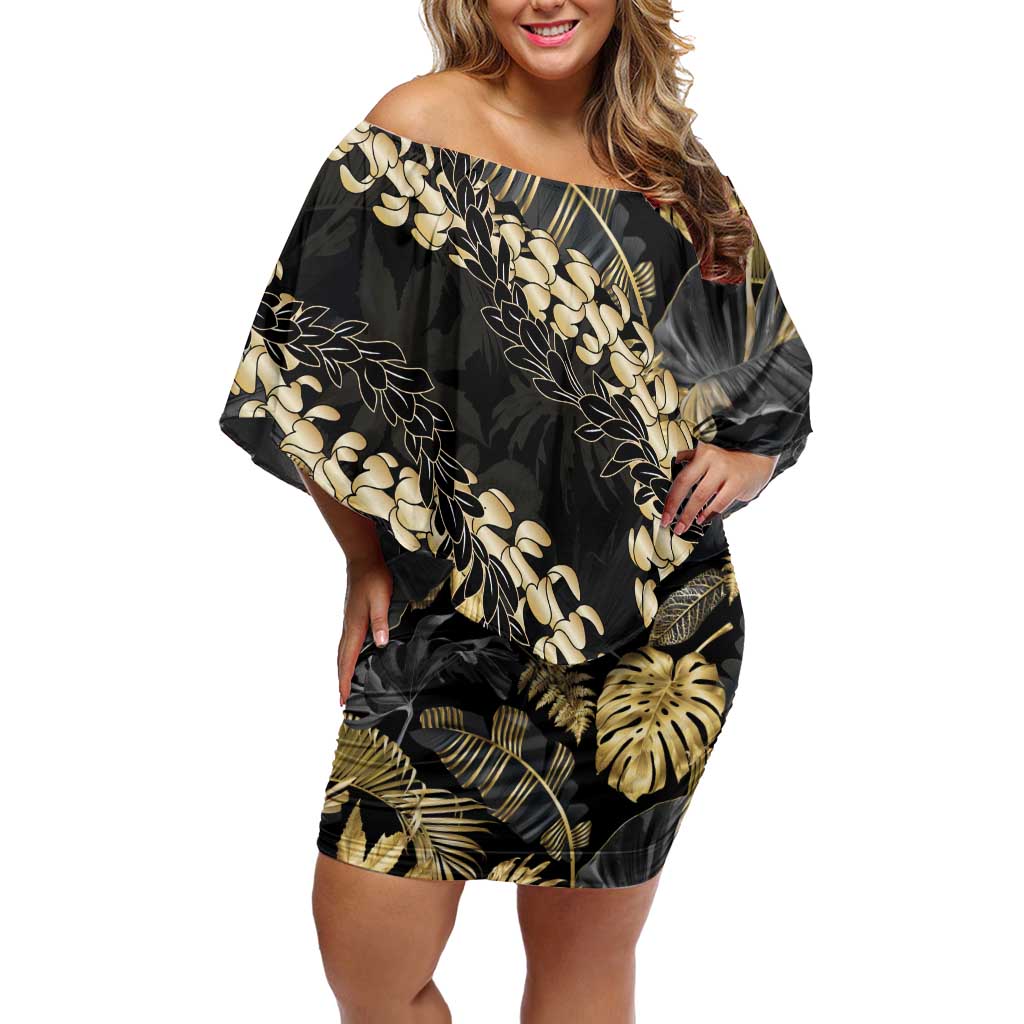 Gold Tropical Leaves Hawaii Mikioi Lei Off Shoulder Short Dress Luxury Stylized LT01 Women Gold - Polynesian Pride