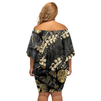 Gold Tropical Leaves Hawaii Mikioi Lei Off Shoulder Short Dress Luxury Stylized LT01 - Polynesian Pride