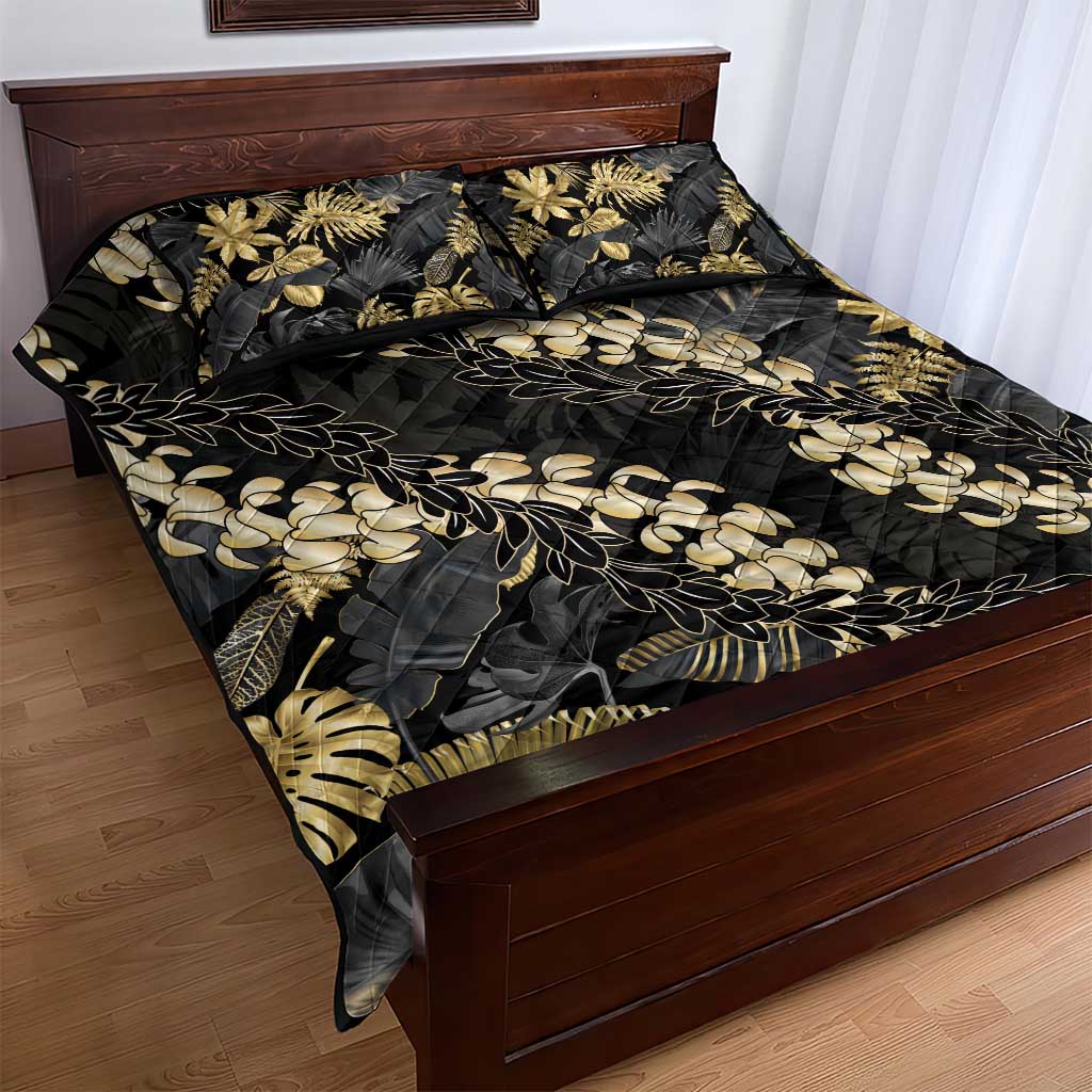 Gold Tropical Leaves Hawaii Mikioi Lei Quilt Bed Set Luxury Stylized LT01 - Polynesian Pride