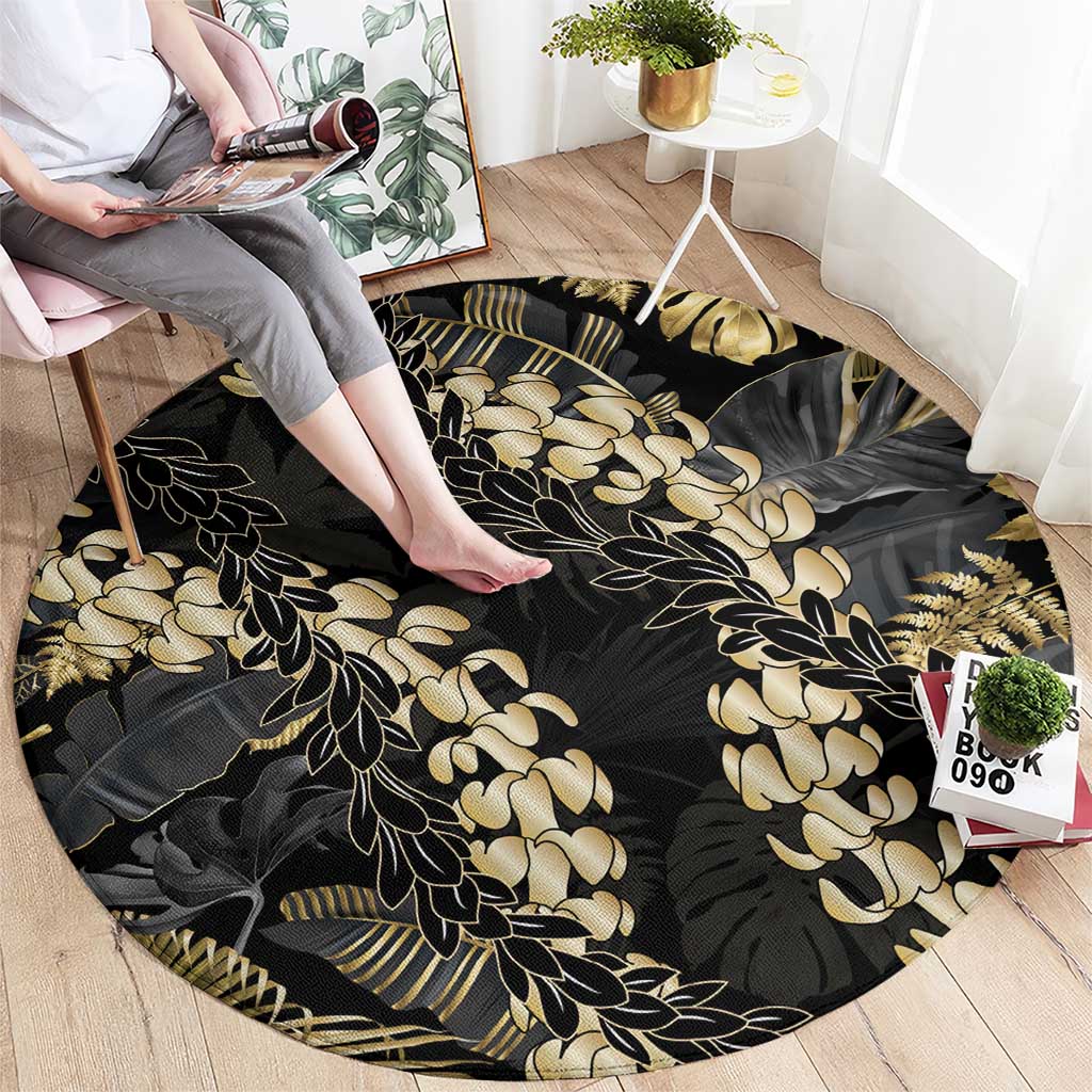 Gold Tropical Leaves Hawaii Mikioi Lei Round Carpet Luxury Stylized LT01 - Polynesian Pride