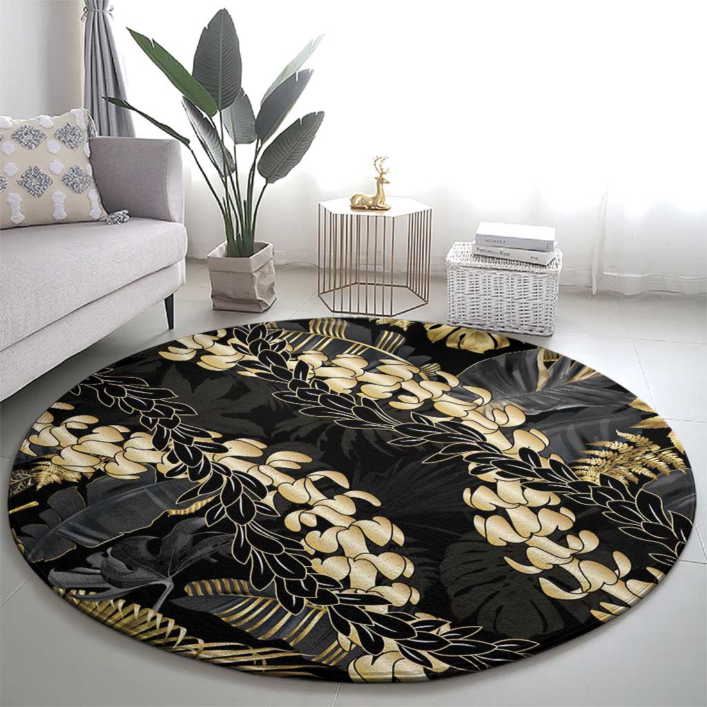 Gold Tropical Leaves Hawaii Mikioi Lei Round Carpet Luxury Stylized LT01 - Polynesian Pride