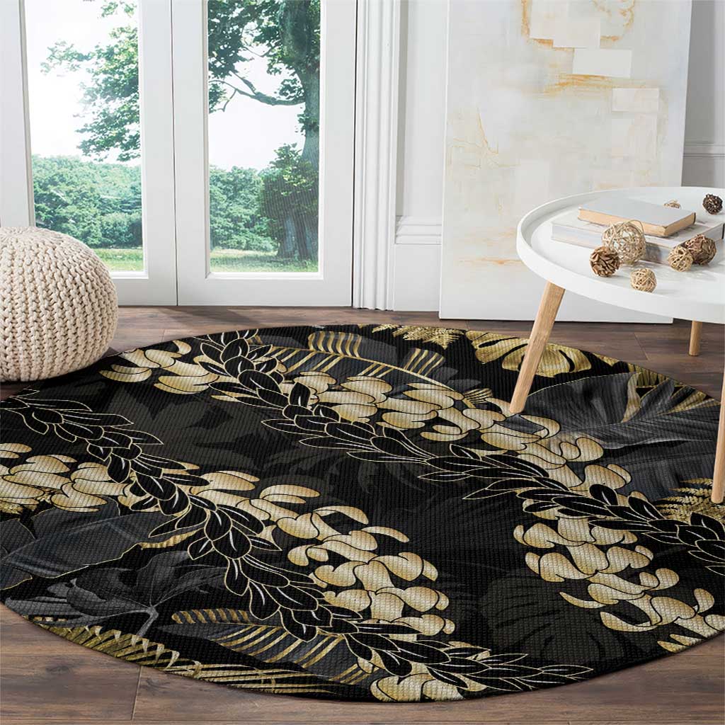 Gold Tropical Leaves Hawaii Mikioi Lei Round Carpet Luxury Stylized LT01 - Polynesian Pride