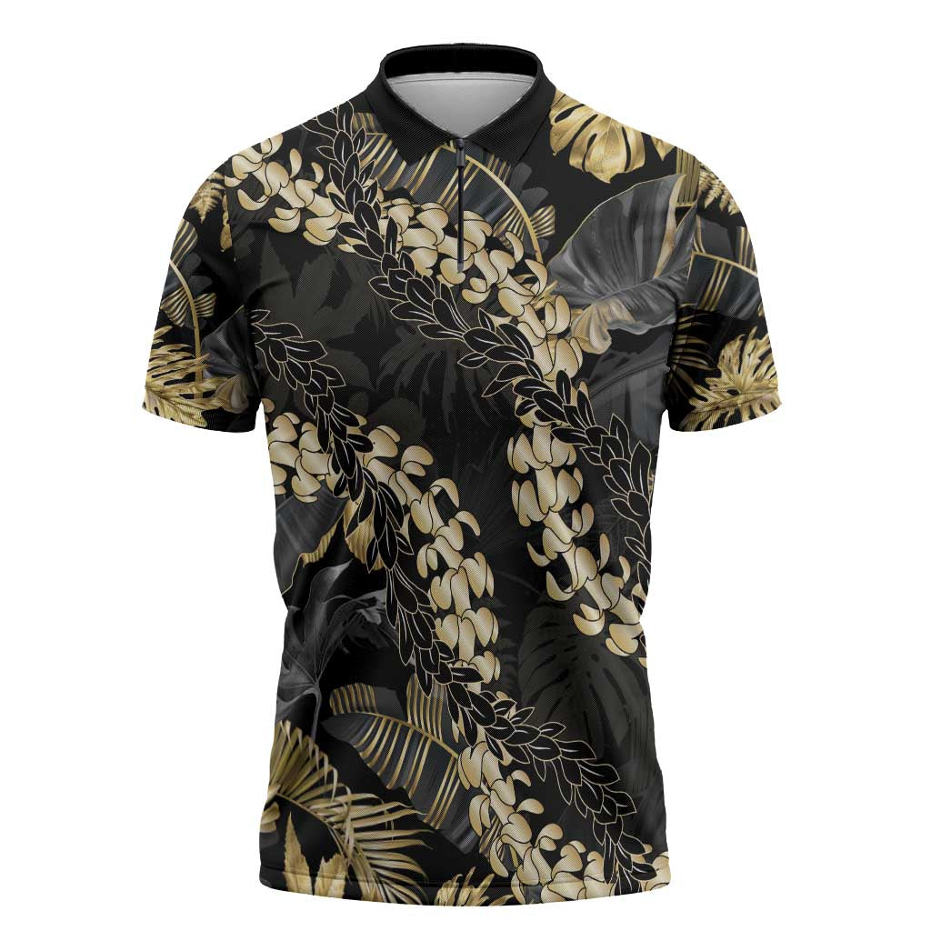 Gold Tropical Leaves Hawaii Mikioi Lei Zipper Polo Shirt Luxury Stylized LT01 Gold - Polynesian Pride