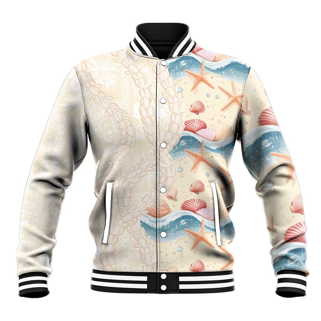 Beige Hawaii Lei Seashells Starfish Baseball Jacket Sandy Sylized LT01 Unisex Beige - Polynesian Pride