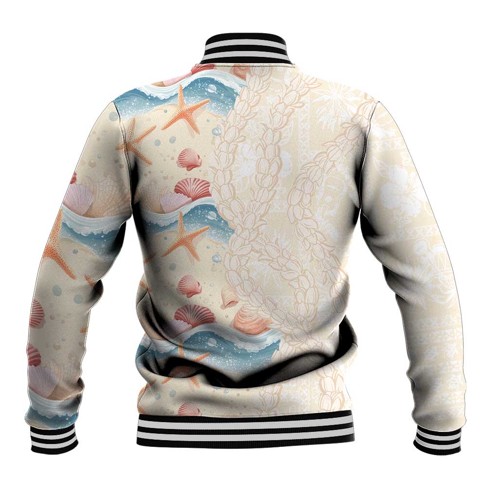 Beige Hawaii Lei Seashells Starfish Baseball Jacket Sandy Sylized LT01 - Polynesian Pride