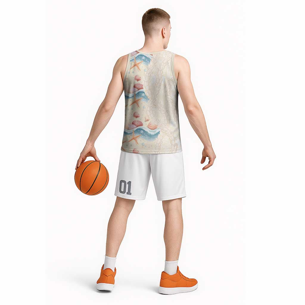 Beige Hawaii Lei Seashells Starfish Basketball Jersey Sandy Sylized LT01 - Polynesian Pride