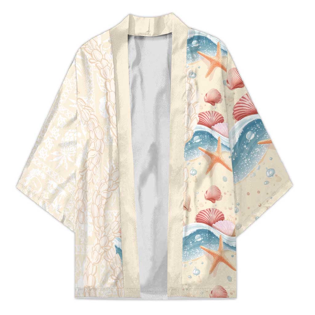 Beige Hawaii Lei Seashells Starfish Kimono Sandy Sylized LT01 Unisex Beige - Polynesian Pride