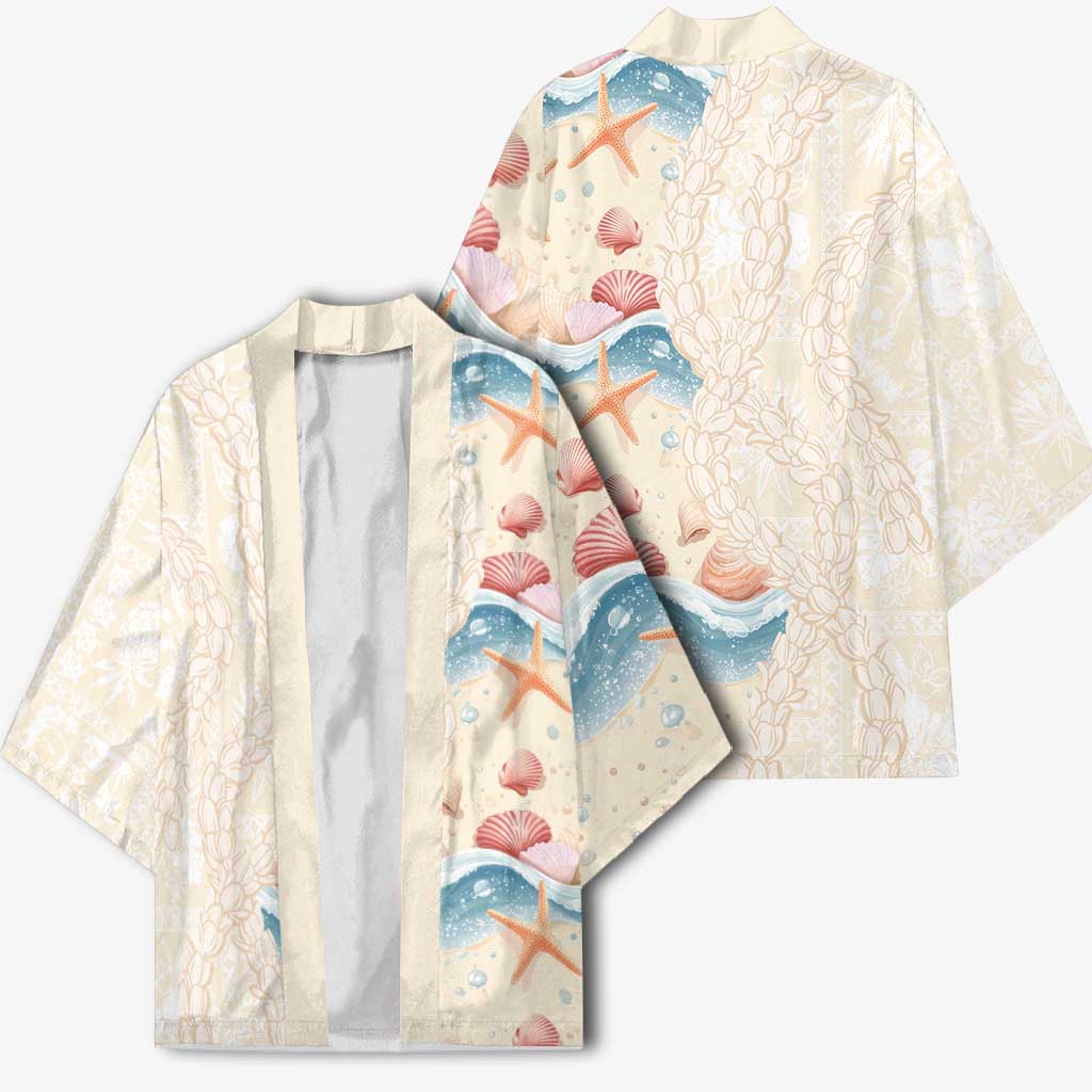 Beige Hawaii Lei Seashells Starfish Kimono Sandy Sylized LT01 - Polynesian Pride