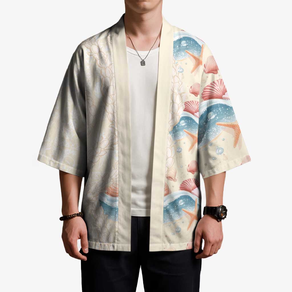 Beige Hawaii Lei Seashells Starfish Kimono Sandy Sylized LT01 - Polynesian Pride
