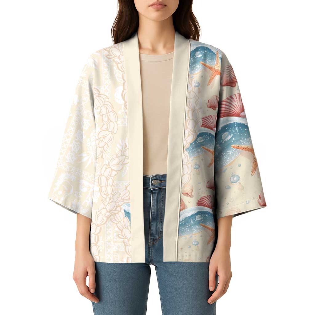 Beige Hawaii Lei Seashells Starfish Kimono Sandy Sylized LT01 - Polynesian Pride