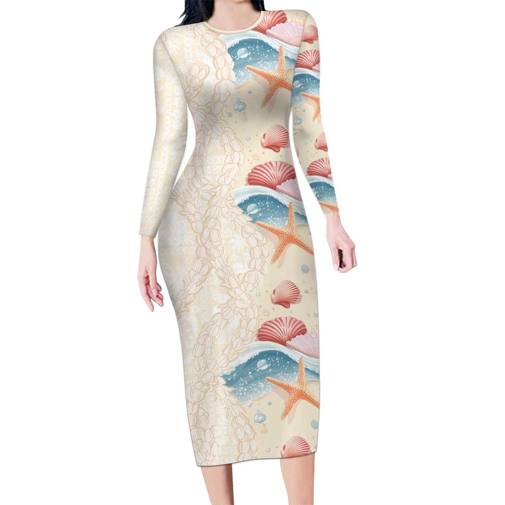 Beige Hawaii Lei Seashells Starfish Long Sleeve Bodycon Dress Sandy Sylized LT01 Long Dress Beige - Polynesian Pride