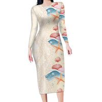 Beige Hawaii Lei Seashells Starfish Long Sleeve Bodycon Dress Sandy Sylized LT01 Long Dress Beige - Polynesian Pride