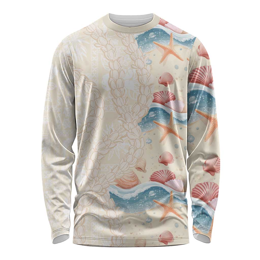 Beige Hawaii Lei Seashells Starfish Long Sleeve Shirt Sandy Sylized LT01 Unisex Beige - Polynesian Pride