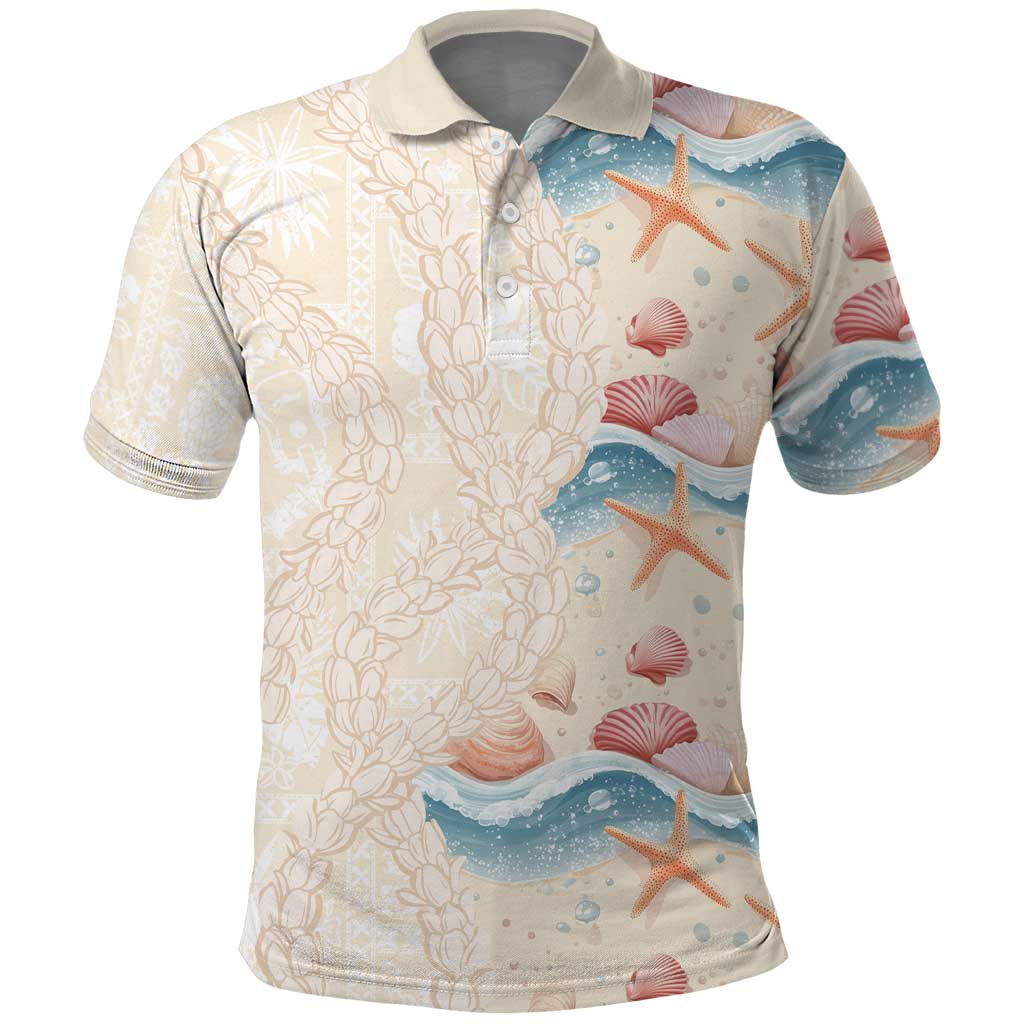 Beige Hawaii Lei Seashells Starfish Polo Shirt Sandy Sylized LT01 Beige - Polynesian Pride
